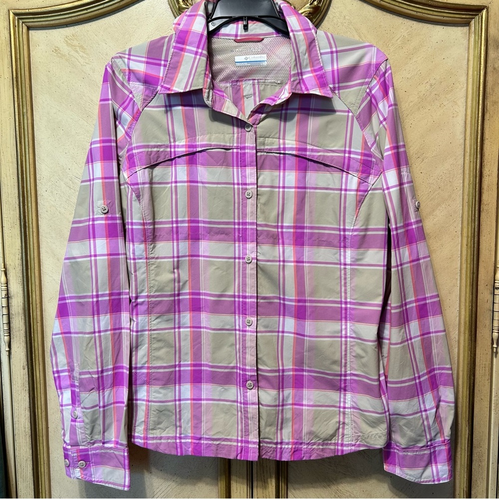 Columbia Pink Lilac Tan Plaid Striped Button Front  Tab Sleeve Shirt Jacket